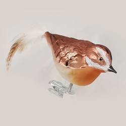 Braunkehlchen mit Naturfedern, Vogel auf Clip - Lauschaer Glaskunst, Schatzhauser Weihnachtsschmuck