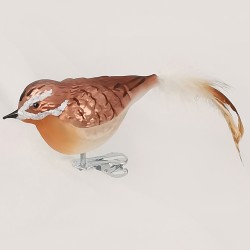 Braunkehlchen mit Naturfedern, Vogel auf Clip - Lauschaer Glaskunst, Schatzhauser Weihnachtsschmuck