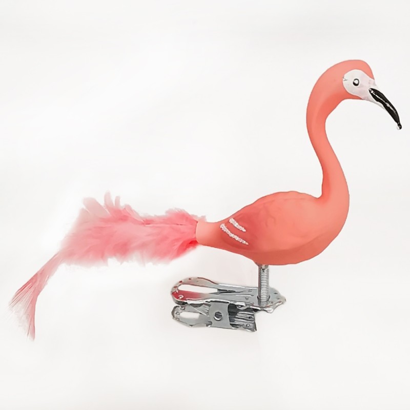 Mini Flamingo mit Naturfedern, rosa, Vogel auf Clip - Lauschaer Glaskunst, Schatzhauser Weihnachtsschmuck