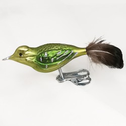 Grünschnabel, kleiner Vogel mit Naturfedern auf Clip - Lauschaer Glaskunst, Schatzhauser Weihnachtsschmuck