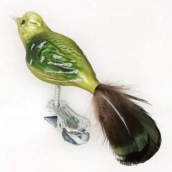 Grünschnabel, kleiner Vogel mit Naturfedern auf Clip - Lauschaer Glaskunst, Schatzhauser Weihnachtsschmuck