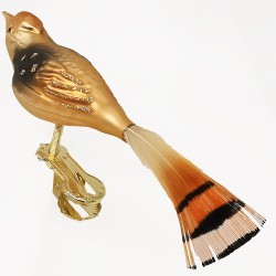 Goldschwanz, kleiner Vogel mit Naturfedern auf Clip - Lauschaer Glaskunst, Schatzhauser Weihnachtsschmuck