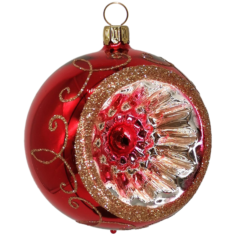 Reflexkugel Ø 8cm, Rot glanz, Spitzenbordüre - Schatzhauser Weihnachtsschmuck