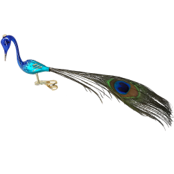 kleiner Pfau, Vogel mit Naturfedern, auf Clip, türkis / blau