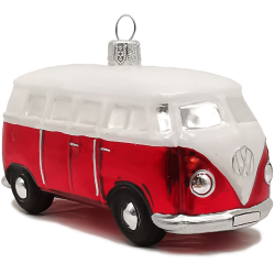 VW Bus Auto, rot/weiß 10cm - Glasschmuck Ornament, offizielles Lizenzprodukt