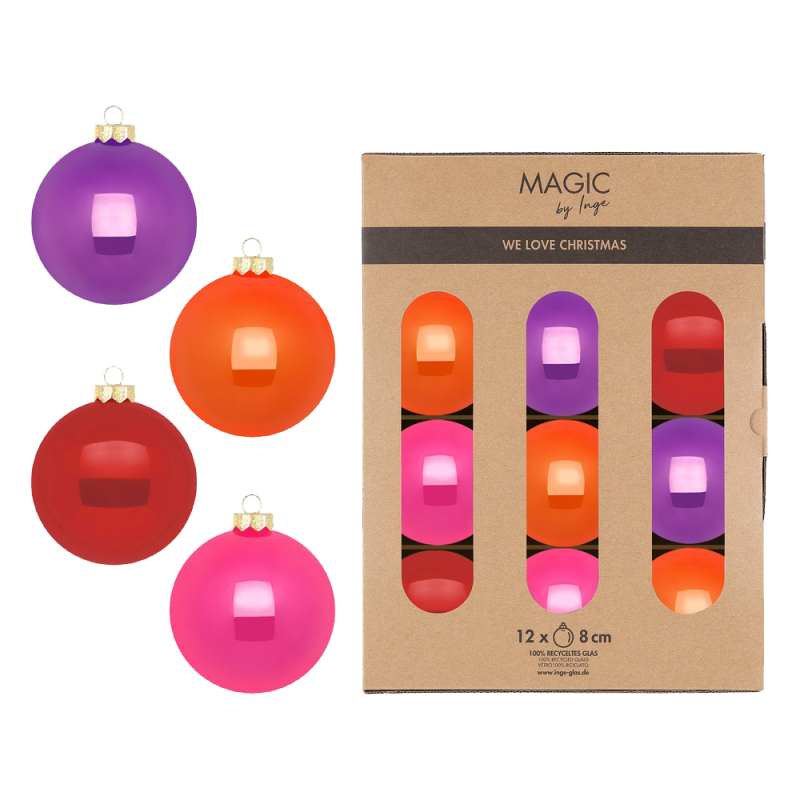 Glas Christbaumkugeln Set Ø 8cm, 12 Stück/Box, Farb Mix Party Time - Magic by Inge-Glas Glas Christbaumkugeln Set Ø 8cm, 12 Stück/Box, Farb Mix Party Time - Magic by Inge-Glas