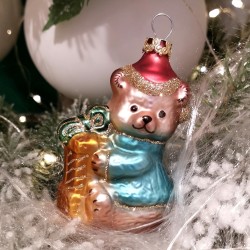 Bär mit Geschenk 8cm Schatzhauser Thüringer Glas und Weihnachtsschmuck