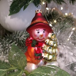 Schneemann sitzend mit Baum 10cm Schatzhauser Thüringer Glas und Weihnachtsschmuck