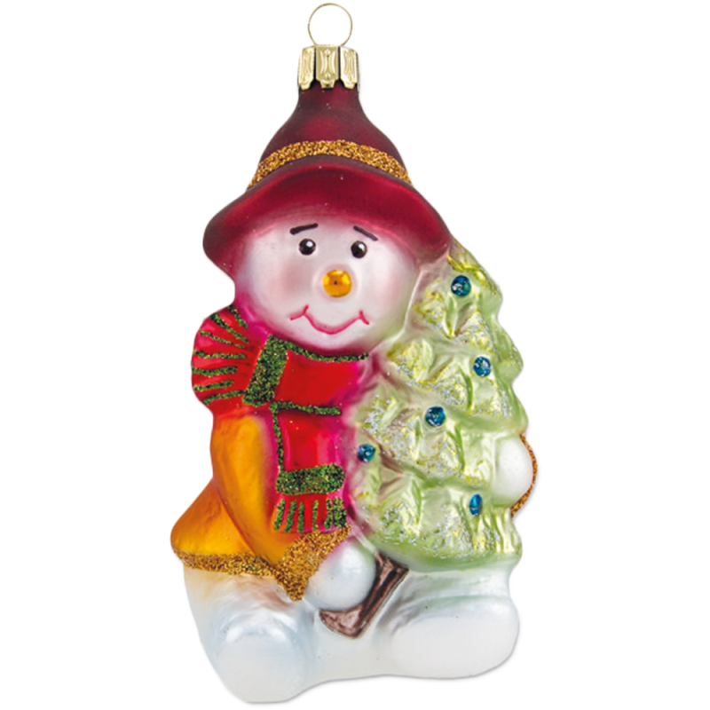 Schneemann sitzend mit Baum 10cm Schatzhauser Thüringer Glas und Weihnachtsschmuck