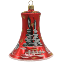 Glocke Ø10cm, rot glänzend, verschneites Winterdorf, Glaskunst Lauscha, mundgeblasen, handdekoriert